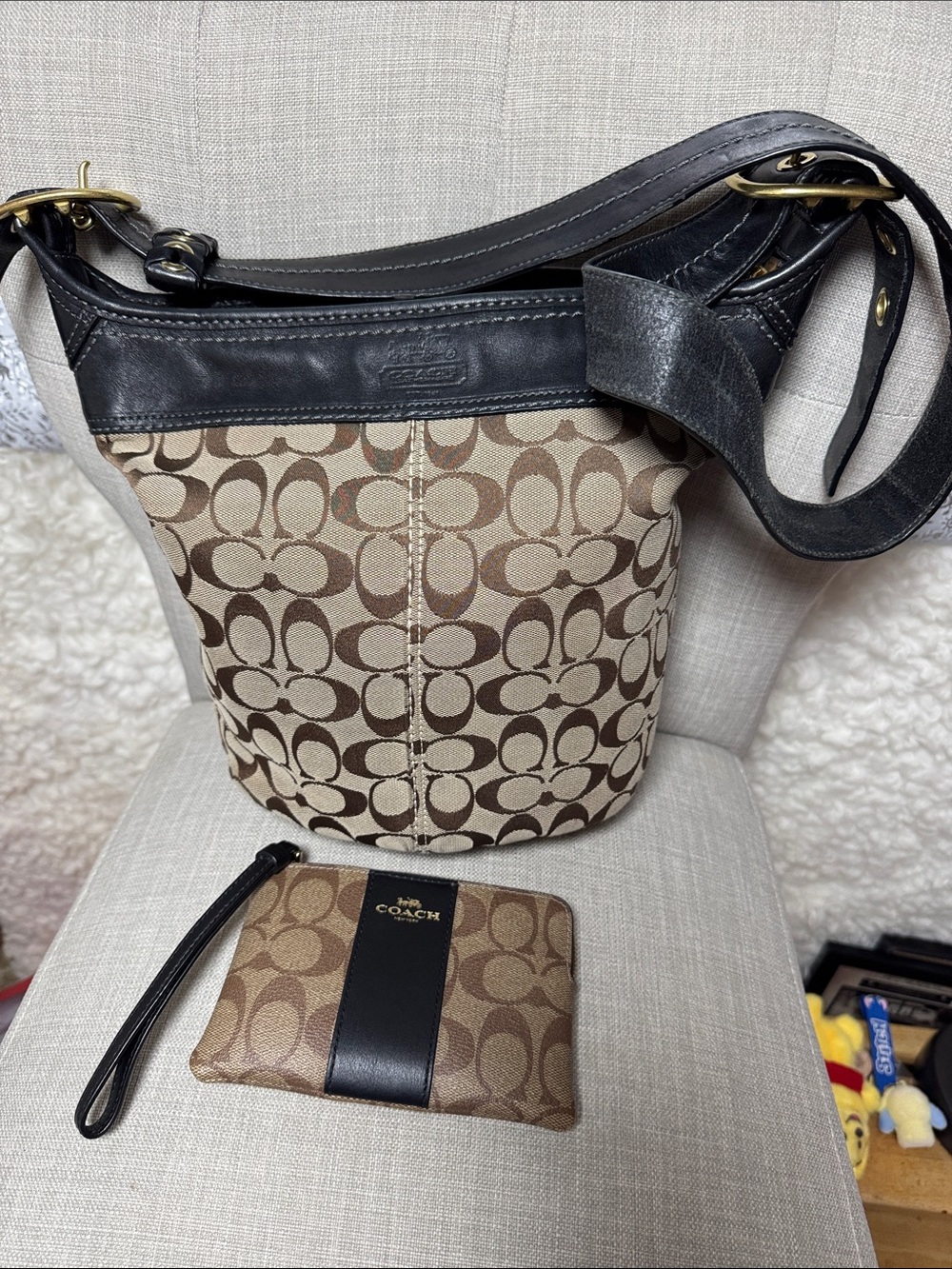 Coach Brown Signature Canvas Bucket Bag with Black Leather Strap